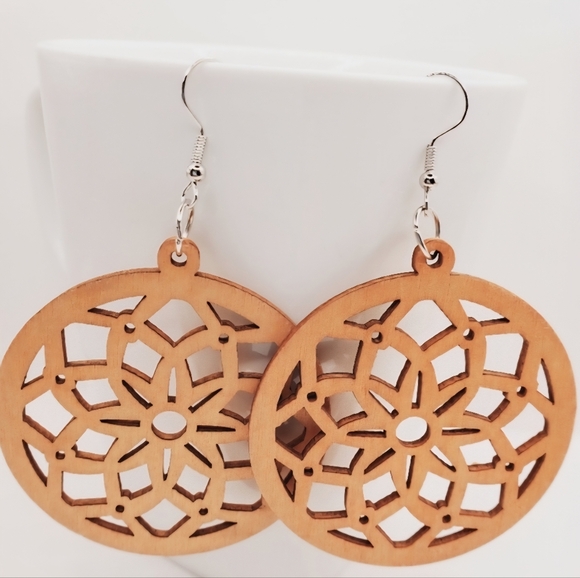 Round finished wood mandala earrings, personalized laser cut earrings 2.7 Inches - Picture 6 of 6